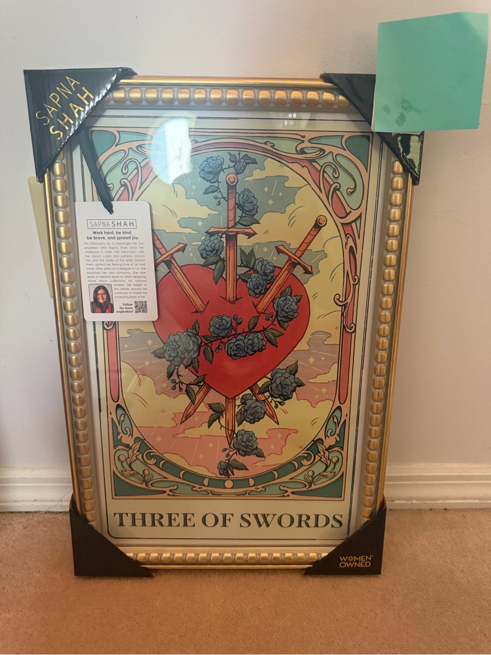 Sapna Shah Gold Framed Three of Swords Tarot Card Wall Hanging Picture